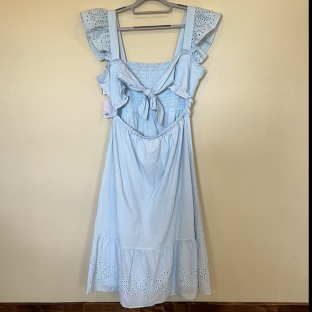 NWT Lauren Conrad dress blue tiered ruffle sleeve eyelet trim smocked dress Sz L - Picture 8 of 12
